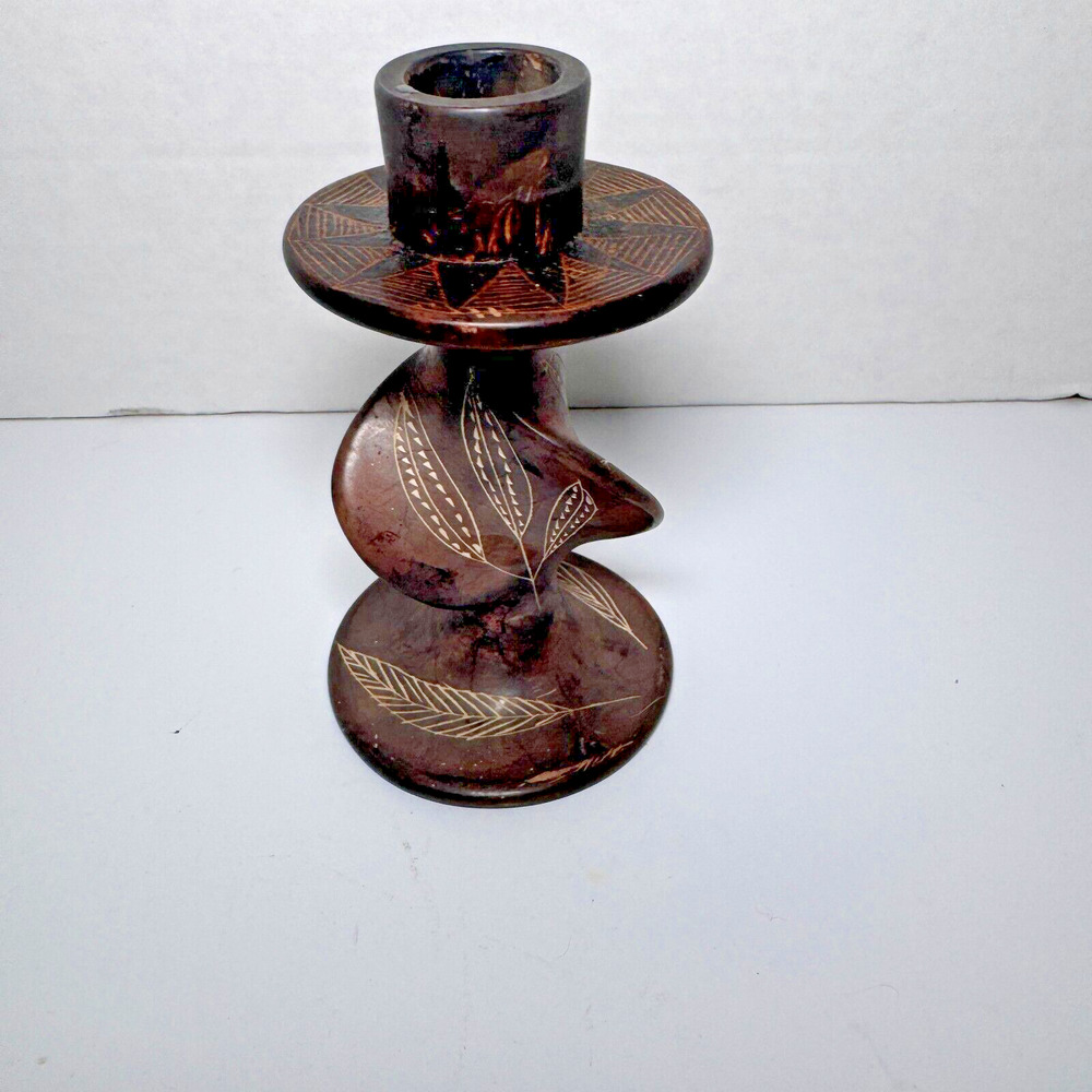 Single Candlestick Kenya Africa Handmade Twisted Soapstone Holders Brown